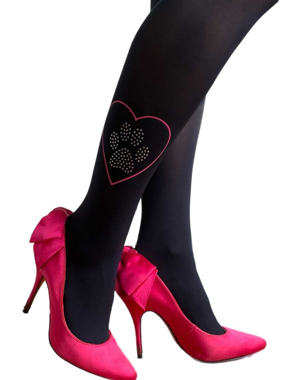 Navy Tights with Silver Paw Studs in Pink Heart Detail